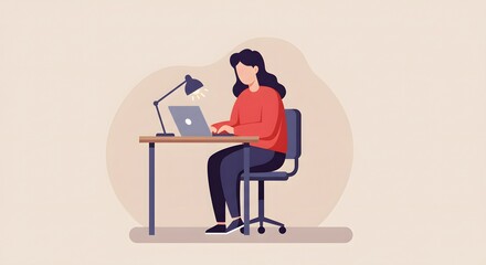 Woman Working on Laptop at Desk, Productive Home Office Setup