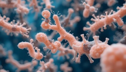 Tiny surreal orange organisms against turquoise backdrop