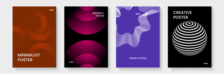 Four posters with geometric shapes suitable for modern interior design inspiration or abstract art prints for home decor.