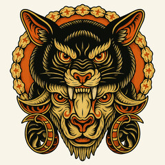 Stylized Animal Illustration Featuring a Feline and Ram in Vintage Art