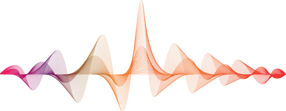 Abstract orange pink wireframe sound waves, visualization of equalizer frequency signals audio wavelengths, conceptual futuristic technology waveform transparent background with copy space for text. 
