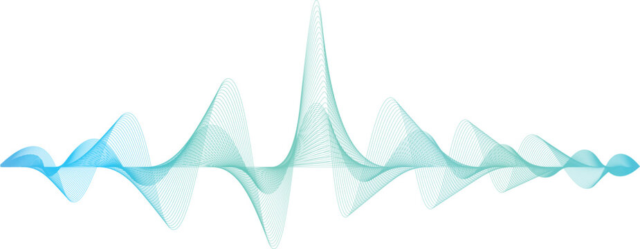 Dynamic and abstract green, blue wireframe sound waves, visualization of equalizer frequency signals audio wavelengths, conceptual futuristic technology waveform transparent background. Sound Element