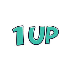 1UP Extra Life Text Vector Illustration with Bold Teal Letters for Retro Arcade Gaming Projects