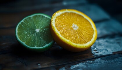 Close-up view of contrasting citrus fruit slices.