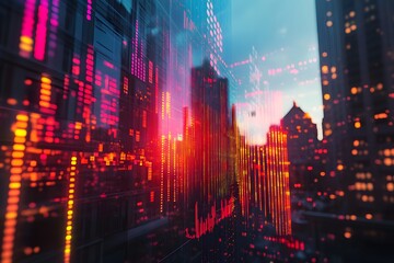 Digital stock market data overlay on modern city skyscrapers financial technology concept