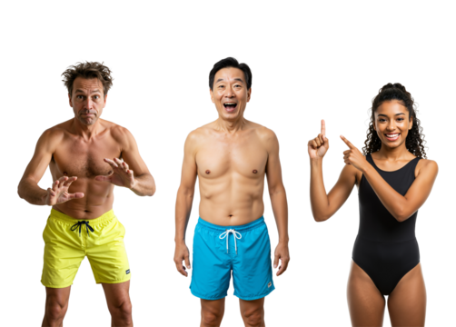 Three Diverse Adults: A Young Caucasian Male in Yellow Swim Trunks, an Asian Male Smiling in Blue Swim Trunks, and a Black Female in a Black Swimsuit Against a transparent background
