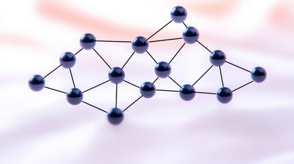 A molecular structure model composed of connected black spheres, representing atoms, on a soft, light background.