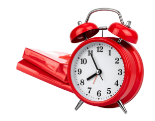 Red alarm clock beside wrapped gift. Time for presents