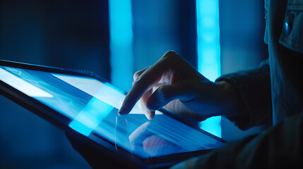Close up of a person's hand touching a glowing tablet screen in a dark blue lighted environment