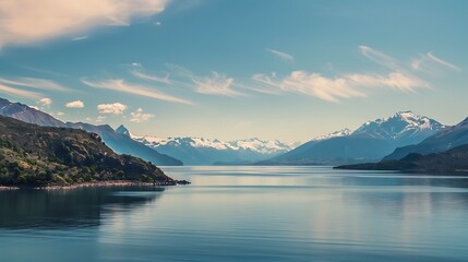 Obraz premium Picturesque Mountain Lake Scene Under Blue Sky With Clouds and Peaceful Vibe