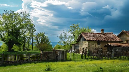 Obraz premium Picturesque Village Houses With Lush Green Fields Under Cloudy Blue Sky