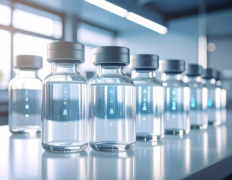 Clear Glass Jars and Bottles with Gray Lids in a Laboratory Setting for Scientific Research and Pharmaceutical Use
