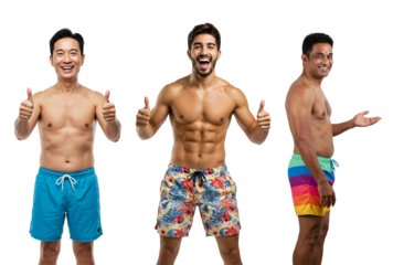 Three diverse adult men in colorful swim trunks smile and gesture positively against a black studio background, ready for summer.