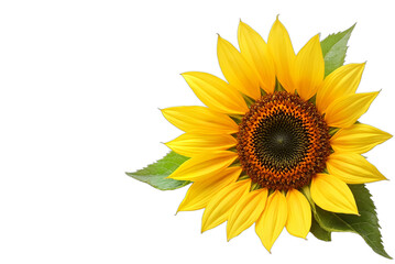Obraz premium Vibrant sunflower isolated on transparent background, close-up showcasing yellow petals, brown center, and green leaves. Ideal for summer designs, nature themes, greeting cards, event invitations,