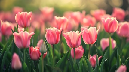 Fototapeta premium Pink Tulip Field Blossoming In Sunlight With Green Leaves And Soft Bokeh Background