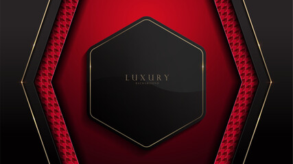 Abstract hexagon frame, black and gold with graphic pattern on red background. Suitable for business wallpaper and website. High quality vector. Size 1920 x 1080. Not generated by AI.