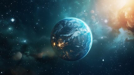 Pixelated Earth Planet Floating In Space Surrounded By Stars and Clouds