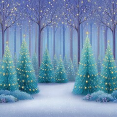 Fototapeta premium Enchanted Teal Christmas Trees in a Snowy Winter Forest