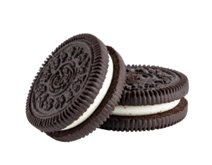 Two chocolate sandwich cookies stacked.  Creamy white filling between dark chocolate cookies