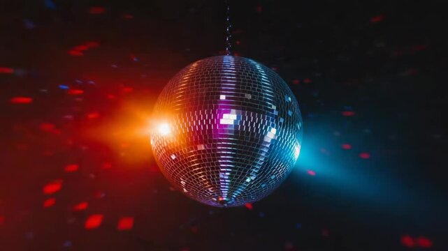 disco ball on a dark background, A vibrant disco ball with colorful reflections, captured from a low-angle shot, creating a dynamic, energetic video party atmosphere. Live desktop wallpaper.