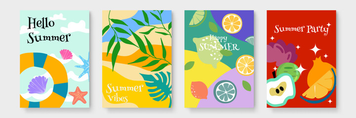 Colorful cards featuring fruit and summer themes; perfect for social media posts, invitations, or greeting cards for the season.