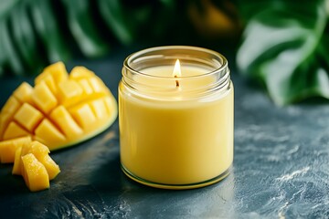 Scented candle with mango slices
