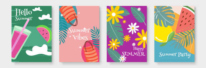 Four cards depict summer themed illustrations. Suitable for greeting cards, invitations, social media posts, and seasonal marketing materials.