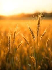 Naklejka premium Golden wheat spikes glowing in warm sunlight. Ideal for agricultural themes, nature blogs, organic product ads, seasonal posters, and rural lifestyle content