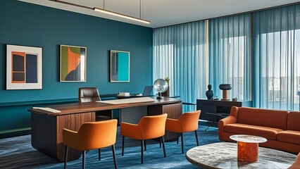 office space interior design with furniture chairs, tables, sofas, computers, full of color
