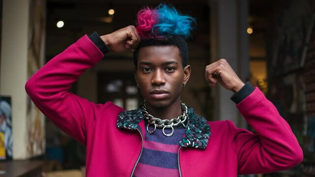 A young man with colored hair striking a confident pose for a portrait.
