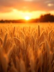 Fototapeta premium Golden wheat spikes glowing in warm sunlight. Ideal for agricultural themes, nature blogs, organic product ads, seasonal posters, and rural lifestyle content