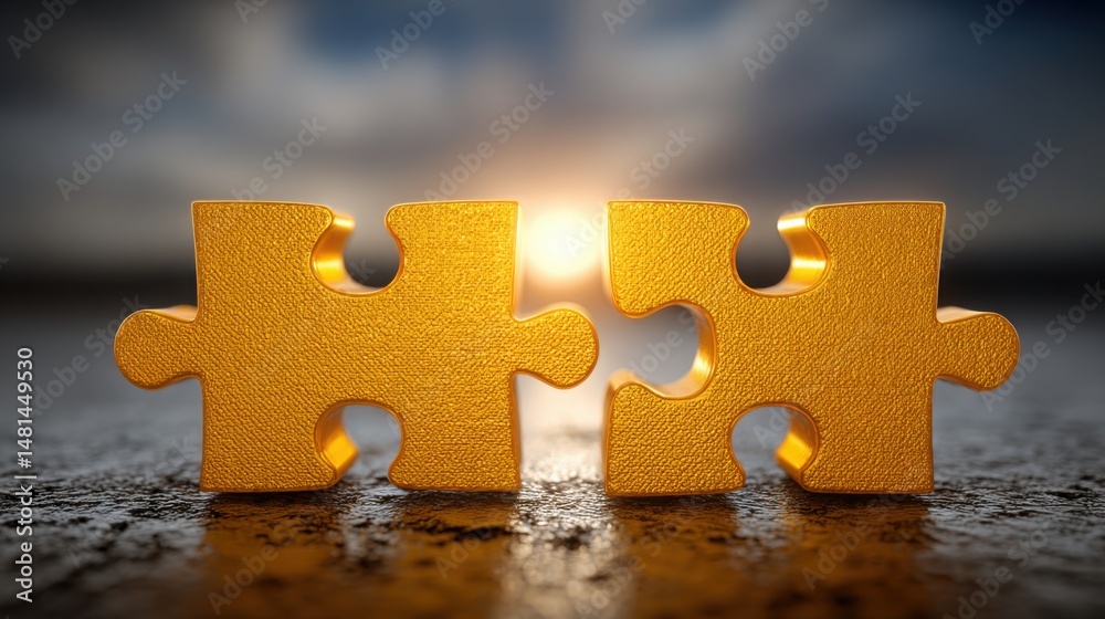 Poster two gold puzzle pieces interlocking to represent alignment across workstreams and connection in team