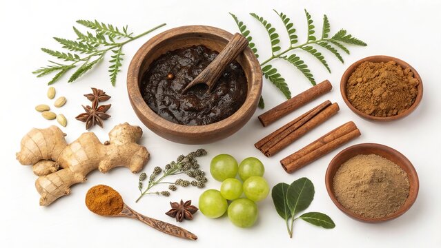 Ayurvedic chyawanprash in wooden bowl surrounded by powerful natural healing ingredients.