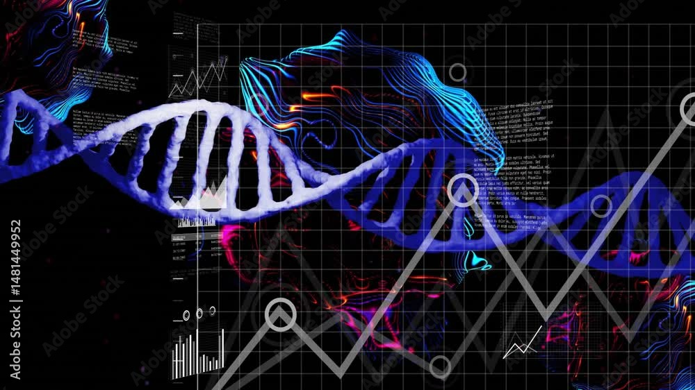 Poster DNA double helix glowing and rotating in 3D render interface, with neon waveforms and data charts