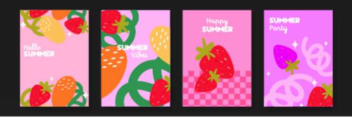 Four pink and purple strawberry themed summer greeting cards ideal for birthday or special occasion celebrations. Warm and welcoming designs.