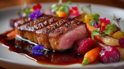 Pan seared duck breast with cherry wine reduction, vibrant vegetables, and flowers