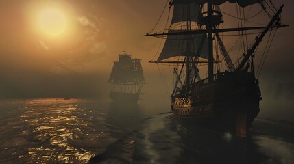 Obraz premium Pixelated Sailing Ships On The Sea During Sunset In Dramatic Hues