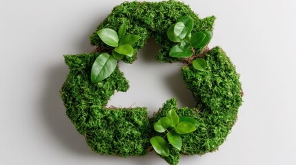 Wreath made of green moss, symbolizing the concept of circular economy and the transformation of waste into value