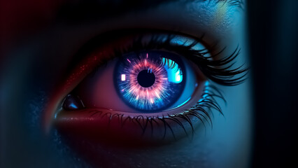 esain mata yang rumit dengan sorotan oranye menyala dan biru elektrik, membangkitkan rasa energi dan inovasi