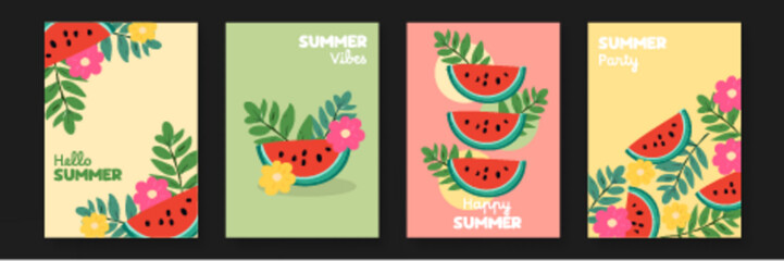 Four colorful cards with watermelon leaves and flowers. Perfect for summer party invitations or greeting cards design projects.