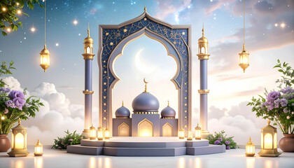 Dark Purple Islamic Frame with Constellation Design Featuring a Mosque Gold Accents Crescent Moon and Decorative Lanterns in a Dreamy Sky Background