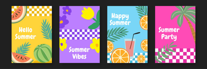 Summer themed posters featuring watermelon flowers, oranges, and palm trees