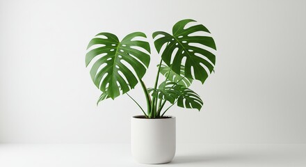 Monstera Plant in White Pot on Minimalist Background – Modern Interior Decor