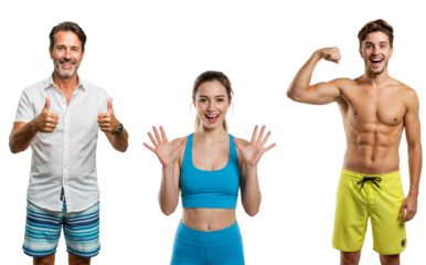 A Vibrant Group of Diverse Adults Showcasing Joy and Fitness, Featuring a Middle-Aged Man with Thumbs Up, a Young Woman in Athletic Wear, and a Young Man Flexing Muscles