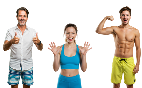 A Vibrant Group of Diverse Adults Showcasing Joy and Fitness, Featuring a Middle-Aged Man with Thumbs Up, a Young Woman in Athletic Wear, and a Young Man Flexing Muscles