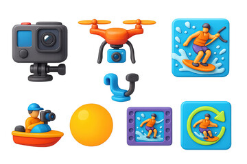 Drone and water sports icons set – 3d, action, adventure symbols