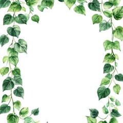 Botanical frame of lush greenery.  A watercolor-style border of vibrant ivy-like leaves and vines against a white background, creating a nature-inspired frame