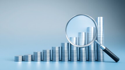 Magnifying glass positioned over a stack of coins symbolizing cost forecasting and insight into financial future