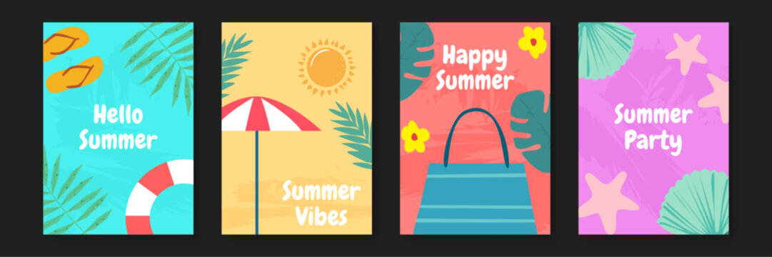 Four summer themed greeting cards featuring different summer activities suitable for summer event invitations, cards, stationery, and seasonal designs.