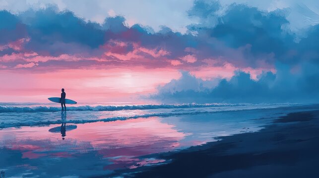 A surfer standing on the beach at sunset with a surfboard under a pink and blue sky and water